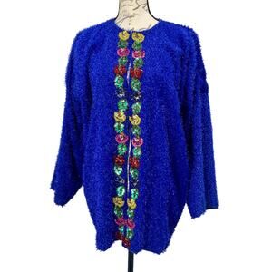 Vintage Handmade Blue Shaggy Sequin Lightweight Open Cardigan XL - USA Made